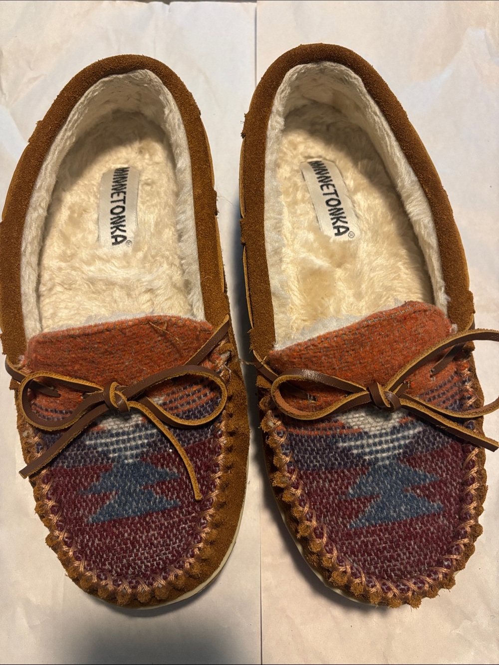 Minnetonka Brown Suede Moccasins with Multicolor Woven Upper